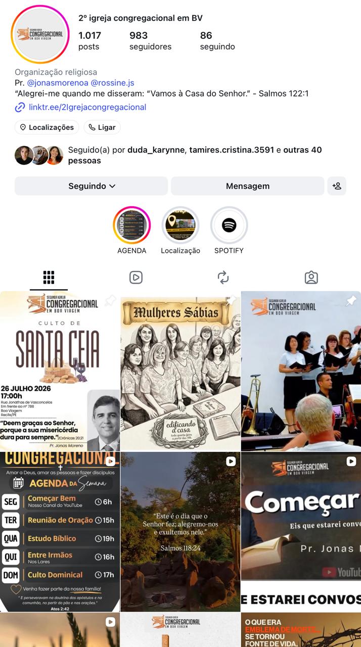 Perfil da igreja no Instagram, com mais de mil publicações