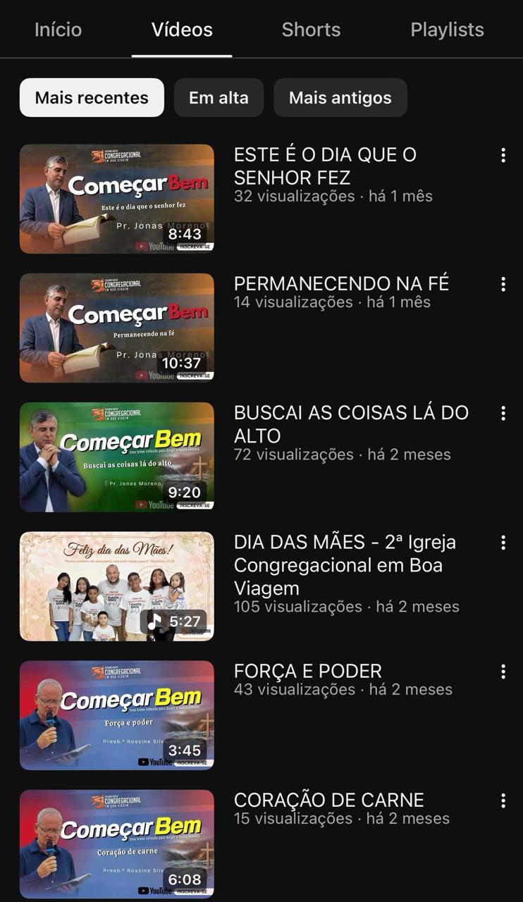 Lista de vídeos recentes do canal, com a série Começar Bem